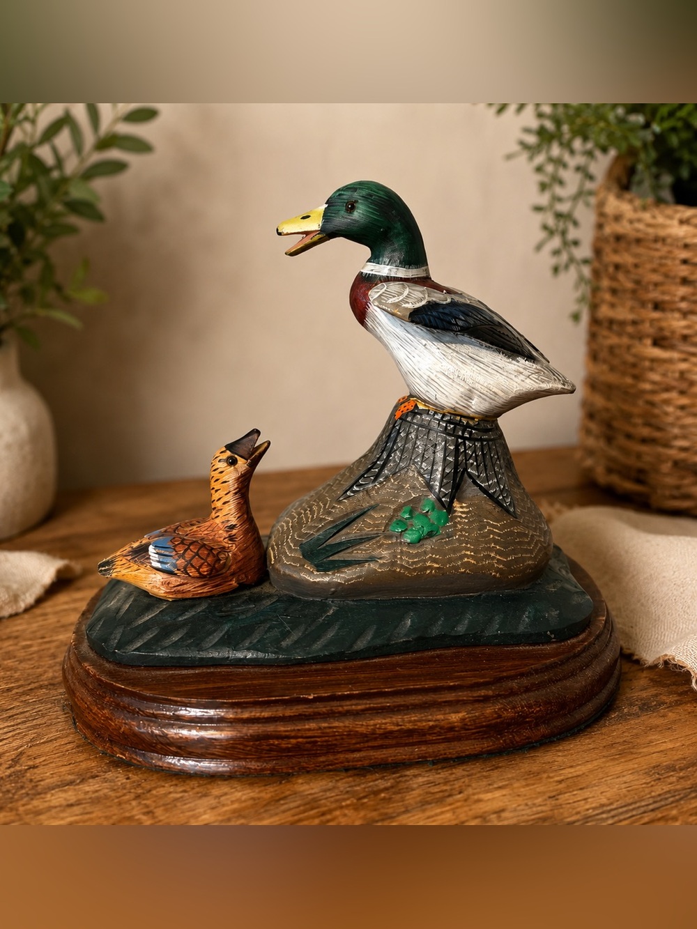 Hand Carved Mallard Duck & Gosling Wood Figurine on Wooden Base Cabin Decor